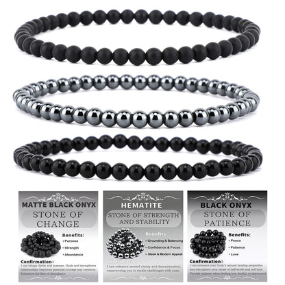 CMBYN 3-Pieces 4mm Natural Crystal Gemstone – ﻿Black Onyx, Hematite, Matte Black Agate Handmade Reiki Energy Healing Stretch Bracelets Jewelry for Yoga, Meditation, Unisex