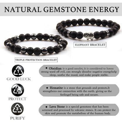 GDLKPYHS Black Obsidian Bracelets for Men - Elephant Bracelet - Tourmaline Beaded Bracelets, 8MM Black Onyx Hematite Lava Stone Beads Triple Protection Bracelet for Men Women Gifts