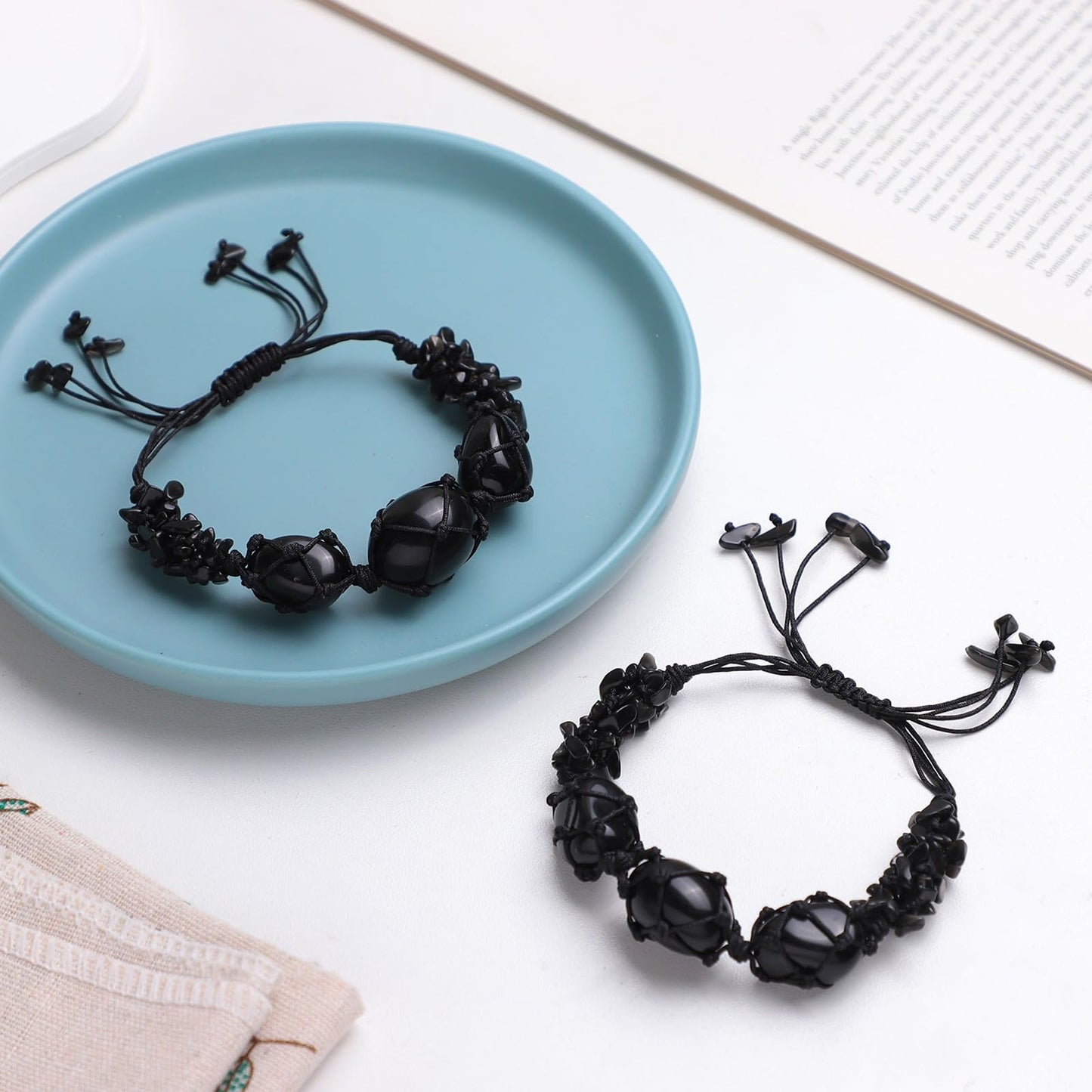 TUMBEELLUWA Boho Handmade Braided Crystal Holder Bracelet Chakra Healing Crystal Chips Bracelet Adjustable Trendy Jewelry Gifts for Women Men, Black Obsidian