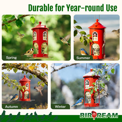 Birdream Metal Bird Feeder for Outdoors Hanging, Small Lighthouse Bird Feeder with Clear Seed Tube, Folding Stainless Steel Perches, for Small Wild Birds Finches Chickadees, Red