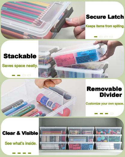 GEOPHIA 6 Pack Extra Large Pencil Box with Removable Divider, Thickened Pencil Case Bulk, Clear Crayon Marker Organizer Stackable Plastic Small Storage Containers for Pen Craft School Supplies (Multi)