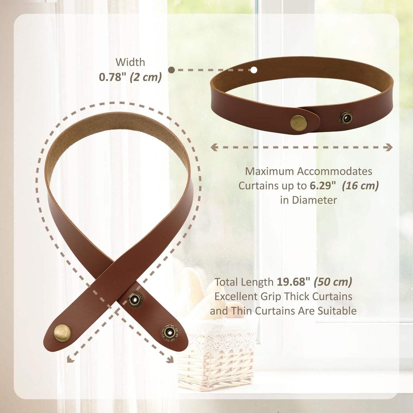 Home Queen PU Leather Curtain Tiebacks, Modern Faux Leather Curtain Straps with Adjustable Buttons, No Drill Holdbacks for Bedroom, Living Room, Hotel, Office, Set of 2,Chocolate