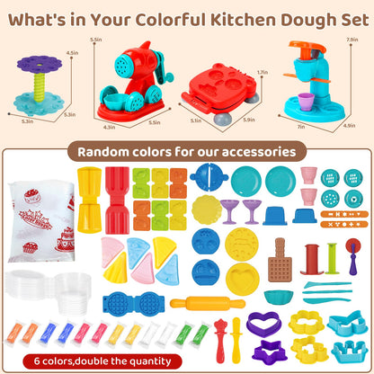 Aprilwolf 75 PCS 4 in 1 Dough Sets for Kids Ages 3-4-8, Art Crafts Dough Tools Kit, Ice Cream Playset Noodle Hamburger Maker Machine Dessert Rack, Kitchen Creations Food Play Toys Toddlers Boys Girls