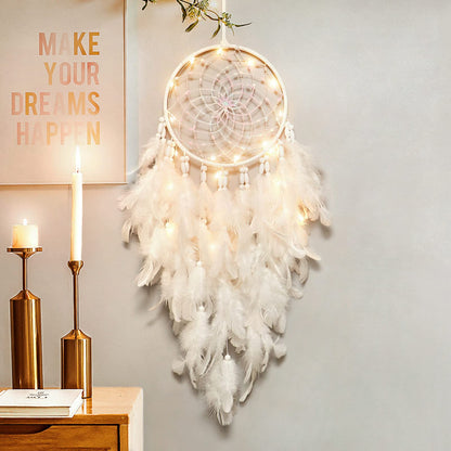 Dremisland White Feathers Dream Catcher Wall Hanging Elegant Wall Art Room Decoration for Windows Balcony Bedroom Wedding Party Gift for Girls and Kids (with Lights)