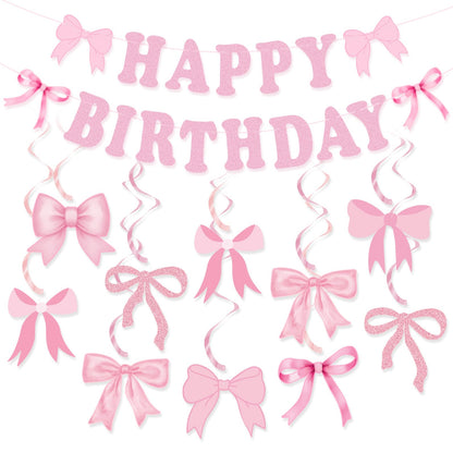 Bow Birthday Party Decorations, Cute Pink Bow Birthday Banner Bows Party Hanging Swirls Set for Women Girls Bows Party Decorations, Baby Shower Party Decor Supplies