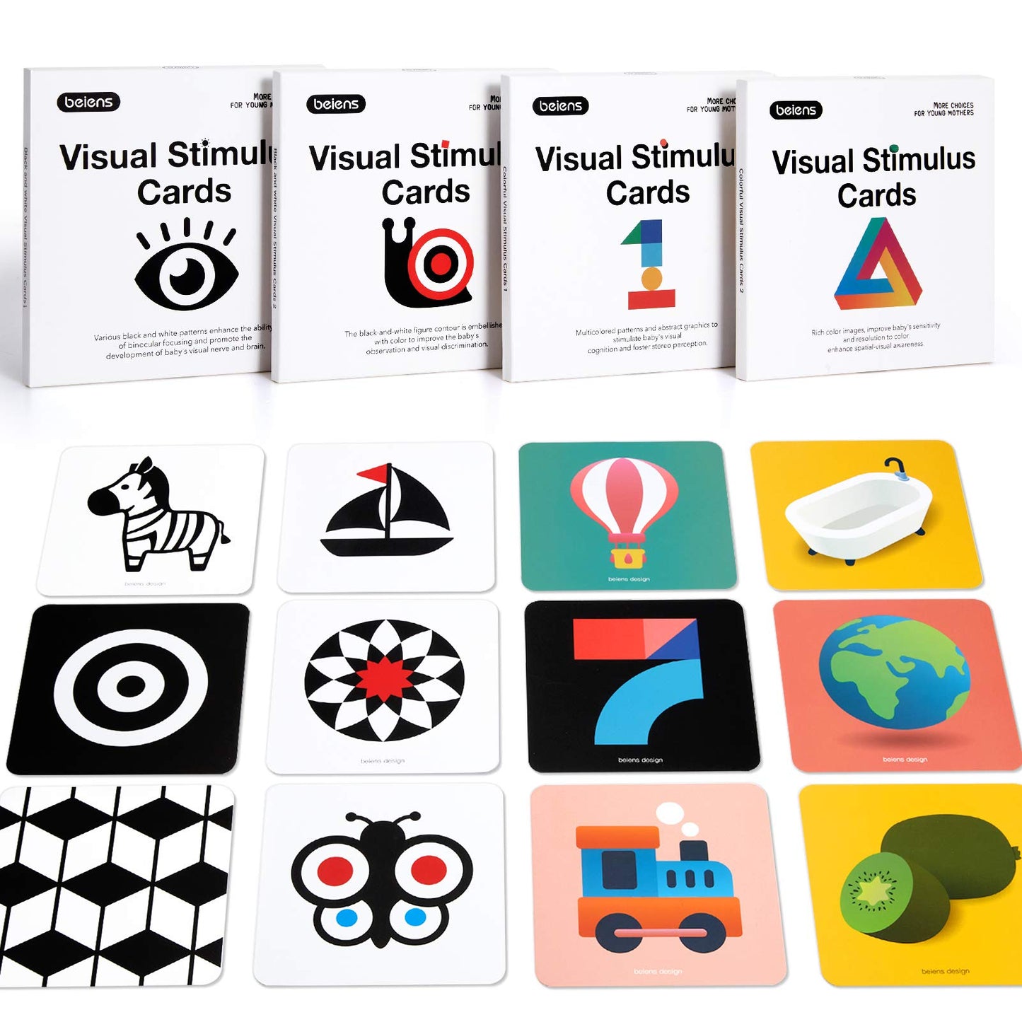 beiens High Contrast Baby Flashcard, 80 Pcs 160 Page Black White Colorful Visual Stimulation Learning Activity Card for Babies Ages 0-3-6-12-36 Months, 5.5'' x 5.5'' Newborn Infants Toys Gift