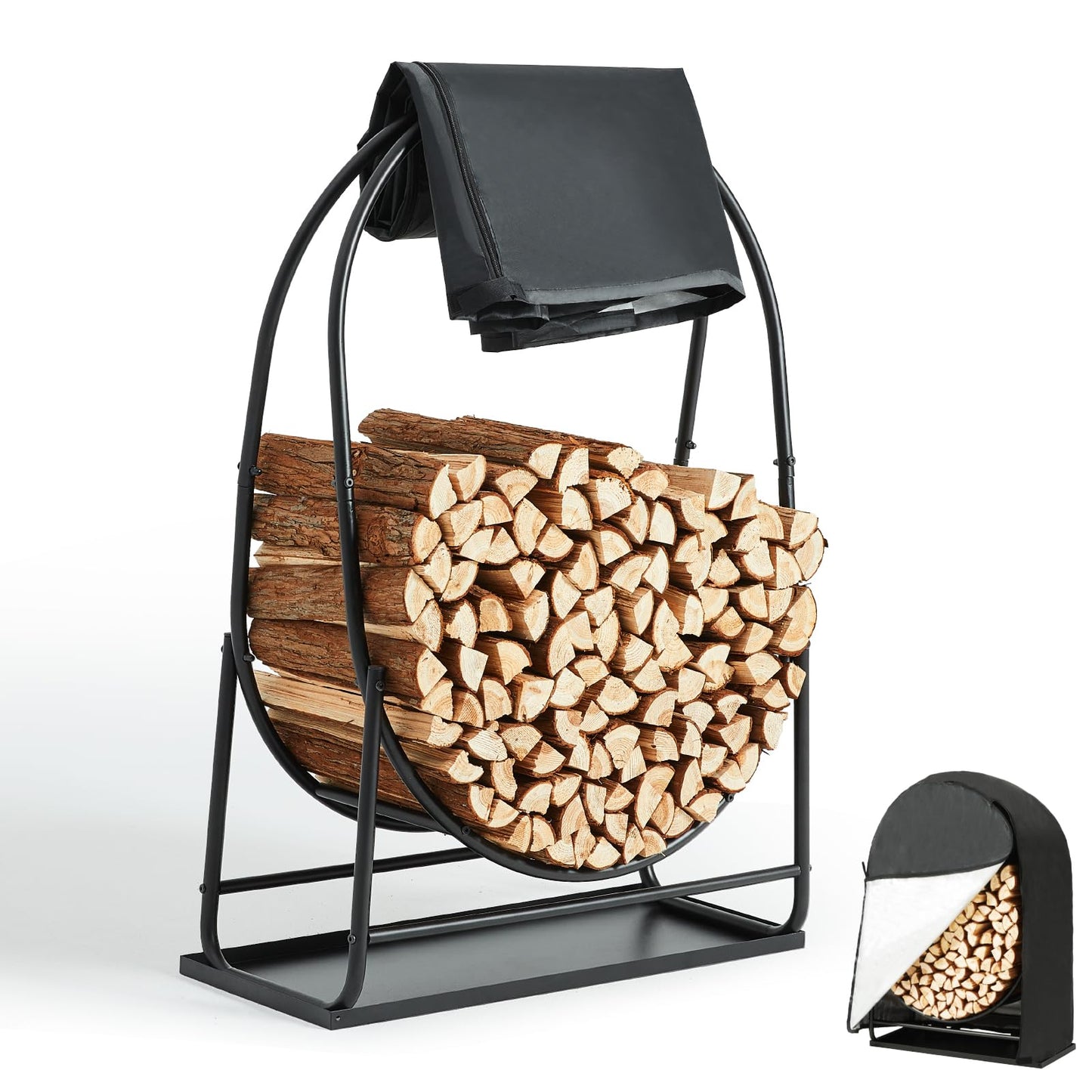 35 Inches Firewood Log Rack Hoop with Cover & Tray, Heavy Duty Solid Steel Fire Wood Storage Rack and Cover Set with Zipper for Outdoor/Indoor, Round Log Holder with 33in Tray, Waterproof Cover