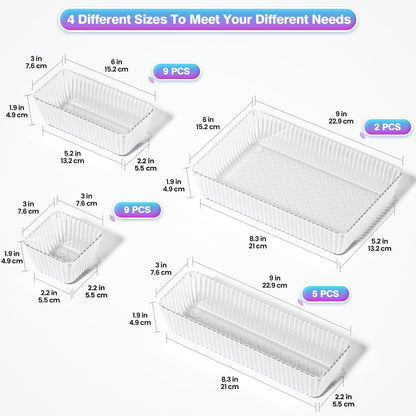 Okylvve 25 PCS Clear Plastic Drawer Organizer Set - 4 Sizes Makeup Organizer Desk Drawer Divider Bathroom Organizers and Storage Bins for Makeup, Jewelry, Gadgets, Office, Kitchen, Bedroom, Bathroom