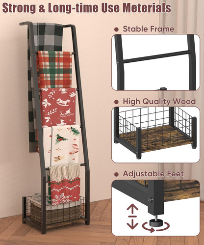 Ansionsol 6.3ft Blanket Ladder with Storage Basket, 5 Tier Decorative Ladder Shelf Stand for Living Room & Bedroom, Wall-Leaning Blanket Holder Quilt Rack for Home Décor, Rustic Brown & Black