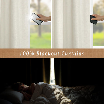 LAMIT 100% Blackout Natural Polyester Curtains, 63 Inches Linen Textured Thermal Bedroom Curtains Back Tab and Rod Pocket Neutral Panels with White Liner for Farmhouse, 2 Panels, 52 x 63 Inch, Ivory