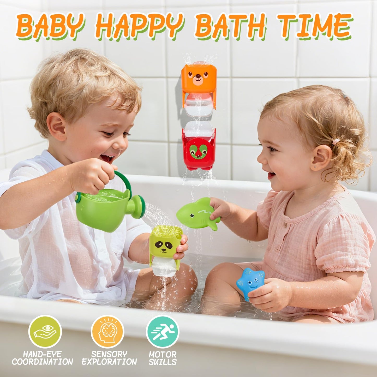 Mold Free Bath Toys, 17PCS | Easy Clean Easy-Grip Baby Bath Toys for Kids Ages 1-3 | Bath Boats Cups Watering Can Tub Toy for Toddlers Age 2-4 | Bathtub Pool Water Toys for 1+ Year Old Boys Girl Gifts