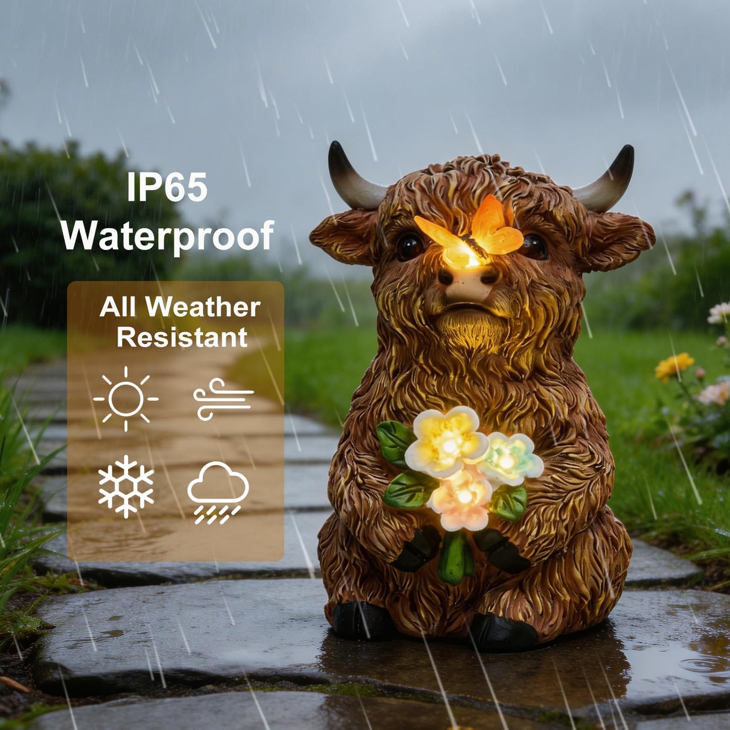 LXOUMEI Solar Highland Cow Outdoor Statue, Garden Sculpture with Lighted Butterfly & Flowers Decor, Highland Cow Figurine for Patio Yard Lawn Ornaments for Birthday