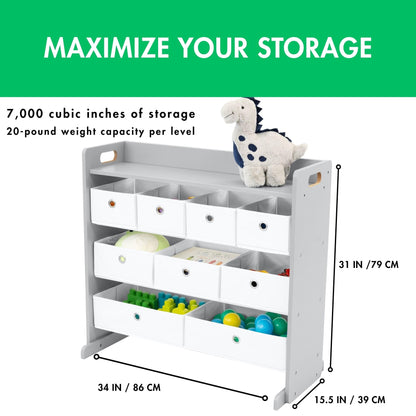 Humble Crew Toy Storage Organizer with Top Shelf and 9 Fabric Bins, Grey/White – Toddler Bookshelf with Toy Organizer - Modern Toy Rack Ideal for Kids' Rooms, Playrooms, and Nurseries