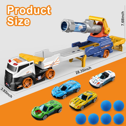 Dwi Dowellin Truck Toys for Kids, 28" Large Car Toys Include 4 Race Cars+6 Soft Foam Balls, with Light & Sounds, Eejection&Shooting Transport Trucks Toy, Gifts for Boys Girls 3 4 5 6 7 8+ Year Old