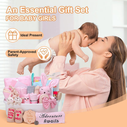 27-Piece Baby Girl Shower Gift Basket Set - Newborn Essentials, Large Pink Gift Basket With Rattle, Swaddle, Diaper Caddy Organizer