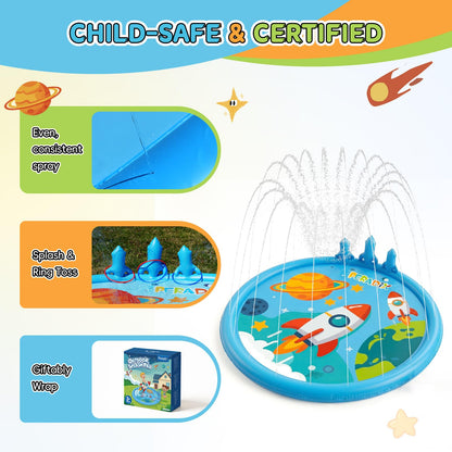 Peradix Toddler Splash Pad for Kids, 67" Sprinkler Mat with Ring Toss Game, Kids Summer Toys for Boys Girls & Family, Baby Splash Pad for Outside Backyard Garden Lawn Water Games, 6 Plastic Rings