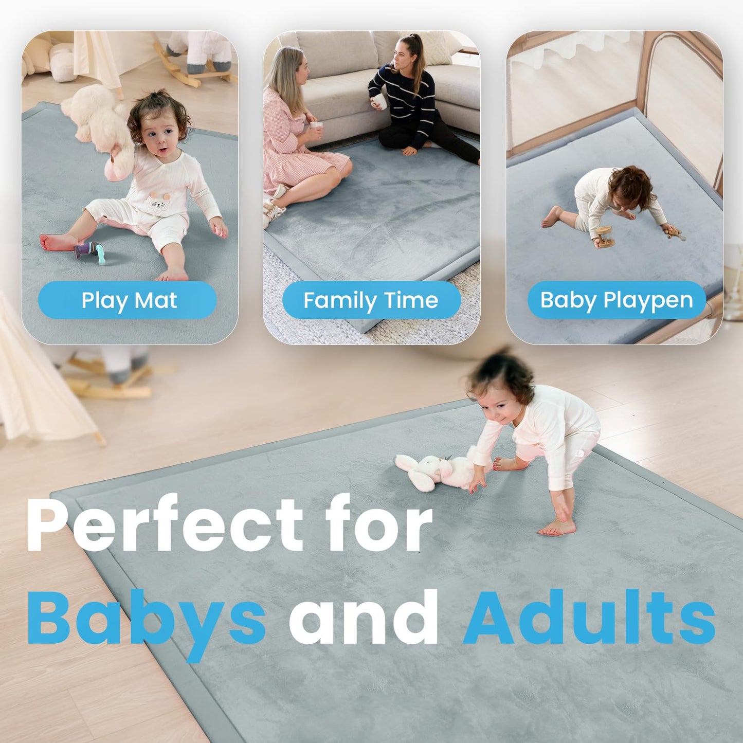 PaPaMat 1.3" Thick Baby Play Mat for Floor Playpen, 71x59 Large Foam Tummy Time Mat, Padded Support Soft Plush Nursery Rug for Infant Kids Toddler Crawling Kick Activity (Light Grey)