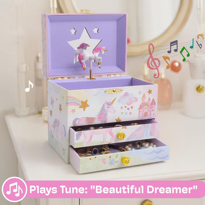 Jewelkeeper Enchanting Unicorn Musical Jewelry Box for Girls - Sparkling Rainbow Design Music Box with 2 Pullout Drawers to Store Earrings, Necklace and Bracelets - Plays The Beautiful Dreamer Tune