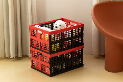 Eslite 34L Large Plastic Folding Storage Crates,Collapsible Crates for Storage,Pack of 3 (Black+Red)