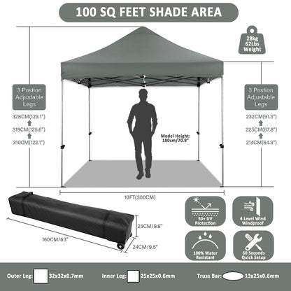 COBIZI 10x10 Pop Up Canopy Tent 10x10 Canopy with 4 Sidewalls Waterproof Heavy Duty Commercial Canopy Tent for Parties Outdoor Garden Gazebo, Carry Bag with Wheel(10x10ft, Gray)