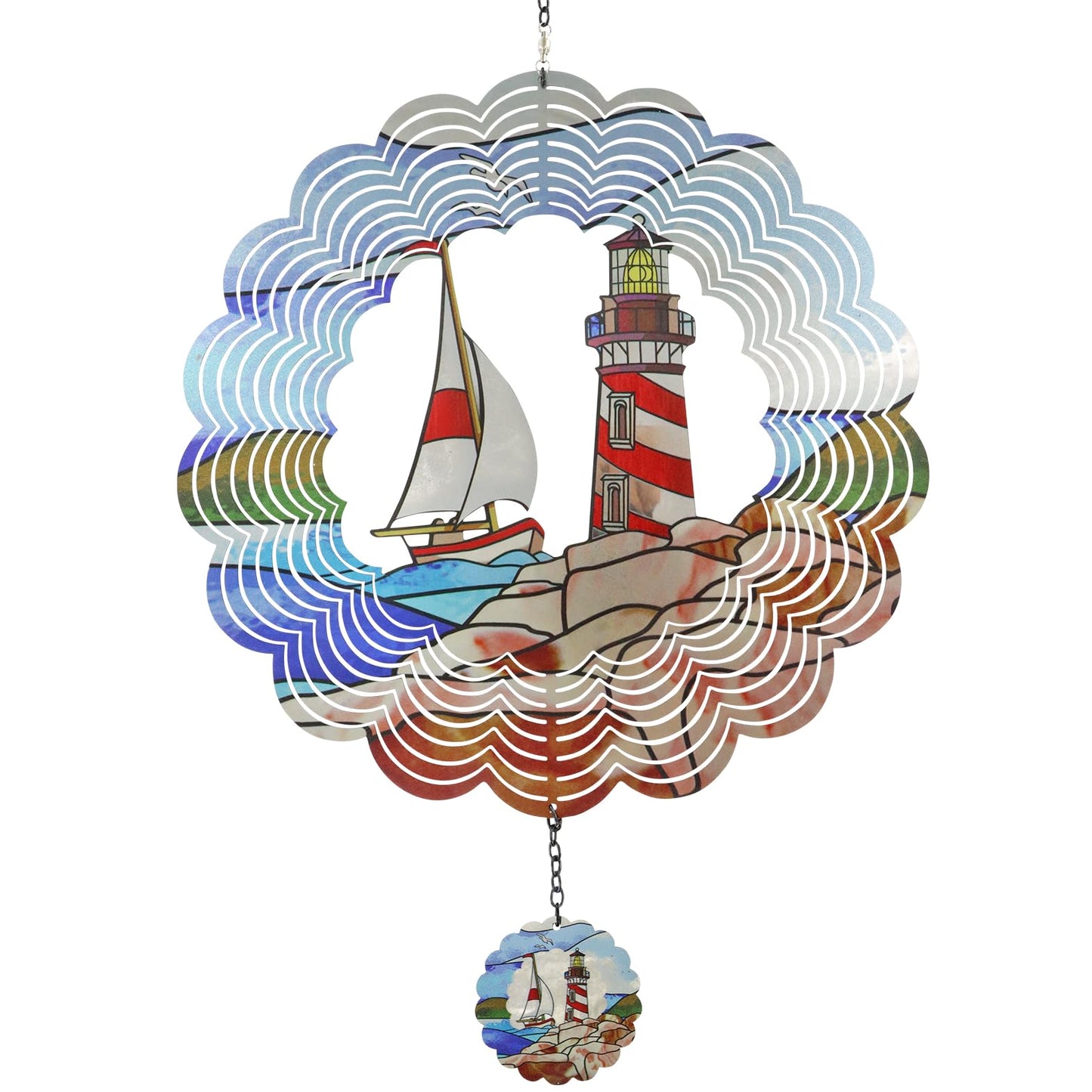 YNGFIL Lighthouse 3D Wind Spinner Kinetic Metal Art Hanging Wind Spinner Outdoor Decoration Ocean Ornaments Decor for Yard and Garden