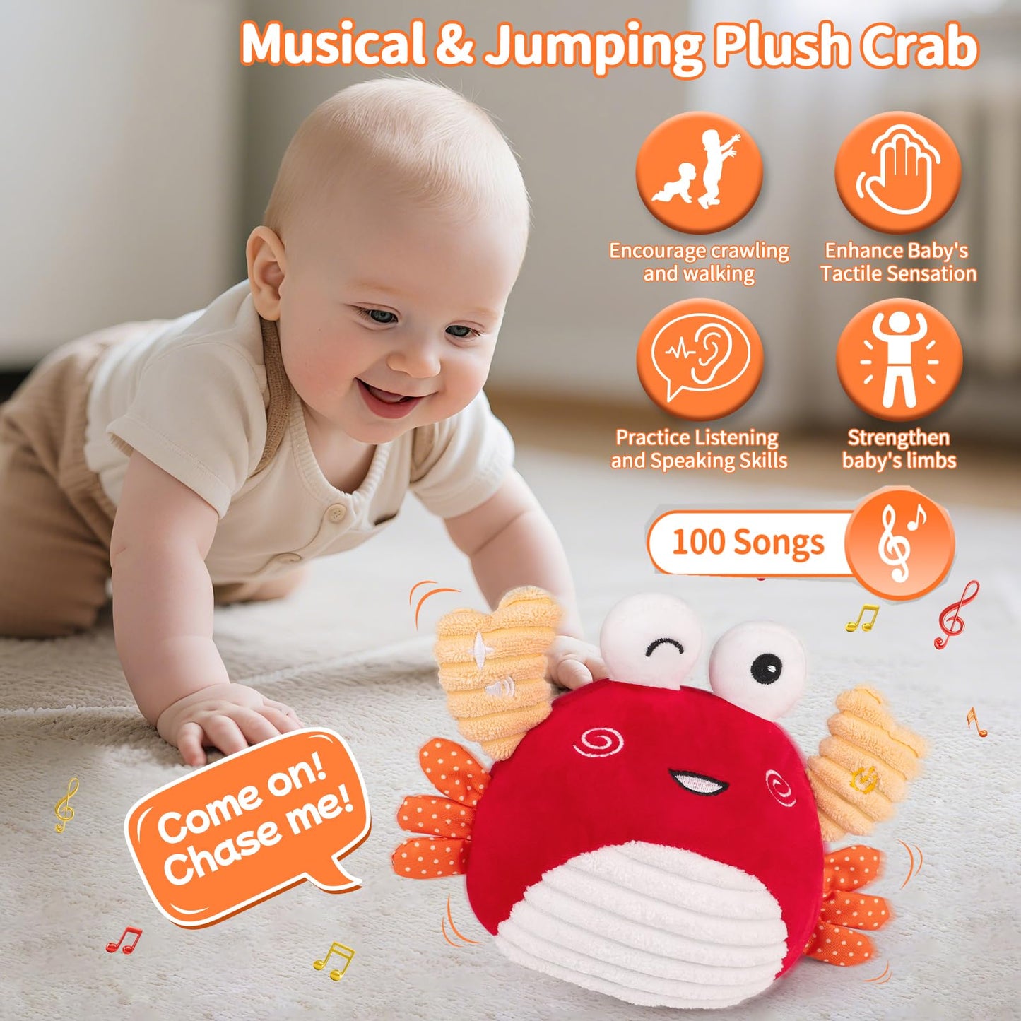 nicknack Baby Toys 0-6 Months – Crawling Dancing Bouncing Musical Learning Plush Crab,Interactive 100+ Songs Toy for 1 2 3 Year Old Boys Girls Sensory Birthday Gifts