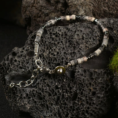 Casvia Men's Hematite & Black Grid Stone Beaded Bracelet, Adjustable Stainless Steel, Thickened Steel Wire Handmade Original Rugged Jewelry, Birthday Gift for Dad & Boyfriend