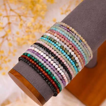 BONNY BOXX Natural Genuine Gemstone Faceted Round Beads Bracelets, 3mm Adjustable Stretchy Tiny Faceted Terahertz Bracelet, Healing Crystal Reiki Chakra Dainty Jewelry Fashion Gifts