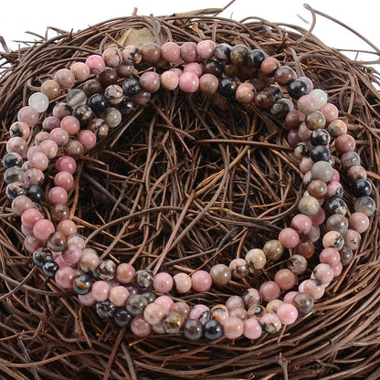 MASSIVE BEADS Pink Black Rhodonite - Stone of Fortune - Handmade Yoga Stretch Elastic Bracelet Natural Stone Crystal Healing Power Energy Gifts for Unisex Adult 4mm