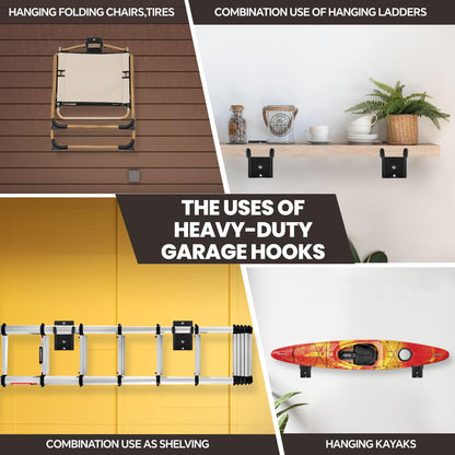 FancyEagle 14" Large Heavy Duty Garage Hooks, 2-Pack Steel Garage Storage Hooks with Support Rods, Utility Wall Mount Hangers for Power Tools, Car Tires, Ladders, Chairs, Garden Tools and More