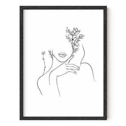 HAUS AND HUES Black and White Prints Line Art Line Art Wall Decor Minimalist Wall Art for Women, Line Drawings Minimalist Silhouette Wall Art Female UNFRAMED 12” x 16” (Woman with Flower)