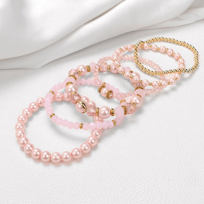 Raicegs 6PCS Beaded Bracelet 14K Gold Pearl Stretch Bracelet Stackable Crystal Beads Bracelets Boho Trendy Jewelry Gift for Women