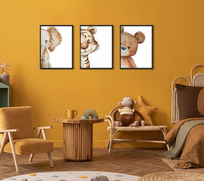 Devunaty 3pcs Funny Safari Animals Nursery Canvas Wall Art Baby Animals Poster Print Wall Decor Cute Bear Tiger Elephant Paintings Picture for Kids Baby Room Boys Girls Bedroom Decor 12X16in Unframed
