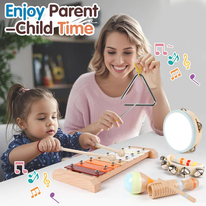 Wooden Toddler Musical Instruments Set, 9PCS Kids Montessori Toys, Baby Toys with Xylophone & Drum, Educational Gift for Ages 1, 2, 3 Year Olds
