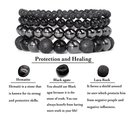 Vinswet 4pcs Natural Stone Beaded Bracelets for Women Men,Healing Crystal Gemstones Stretch Bracelet,4mm 6mm 8mm 10mm Hematite Hematite Lava Rock Anxiety Stress Relief Bracelet Jewelry Gifts
