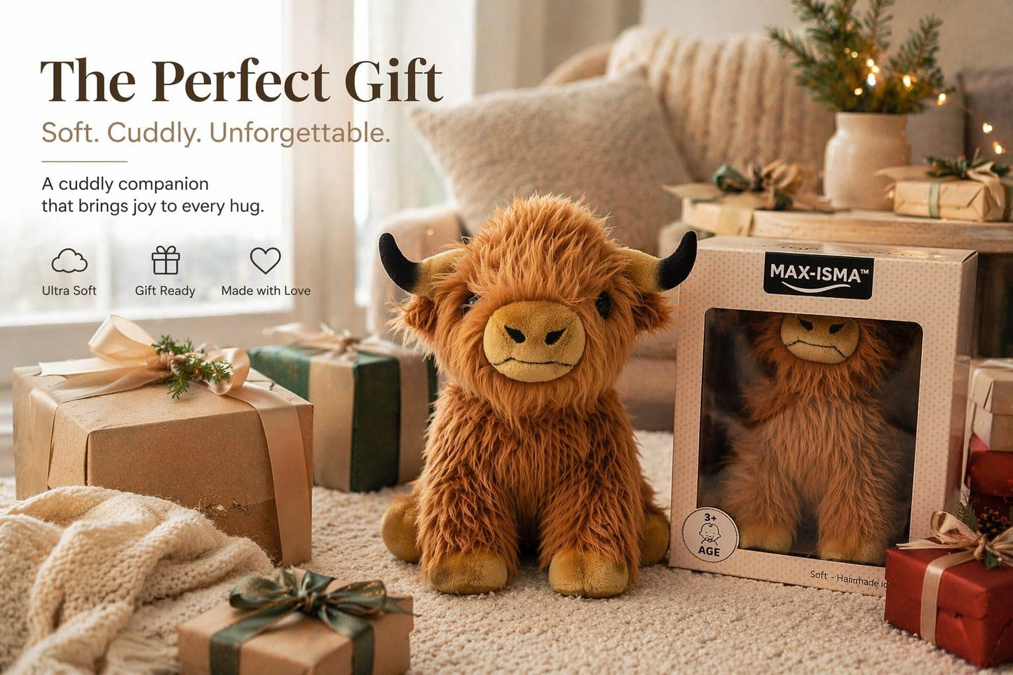 MAX-ISMA Highland Cow Plush – Big Stuffed Animal for Kids – Cute Fluffy Brown Highland Cattle Plushie Toy – Soft Realistic Plush Gift for Girls & Boys