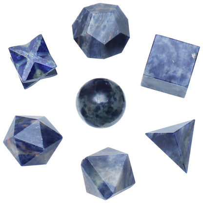 Crocon Sodalite 7Pcs Platonic Solids Crystal Geometry Set, Platonic Solids Sacred Geometric Stones for Meditation Reiki Balancing Healing Chakra Stone Cleansing Spiritual Good Luck (15-20 mm)