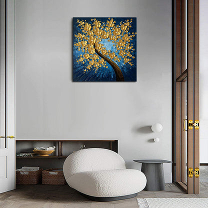 zoinart Hand Paintings 3D Flower Canvas Wall Art 24x24 Inches Abstract Gold Floral Paintings Modern Contemporary Texture Wall Art Tree Blue Artwork for Home Decorations