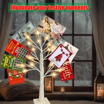 2Ft Money Tree Gift Holder with 24 LED Lights & 12 Clips, Battery/USB Powered Lighted Birch Tree for Displaying Cards, Photos - Ideal for Christmas, Wedding, Birthday, Graduation Decor