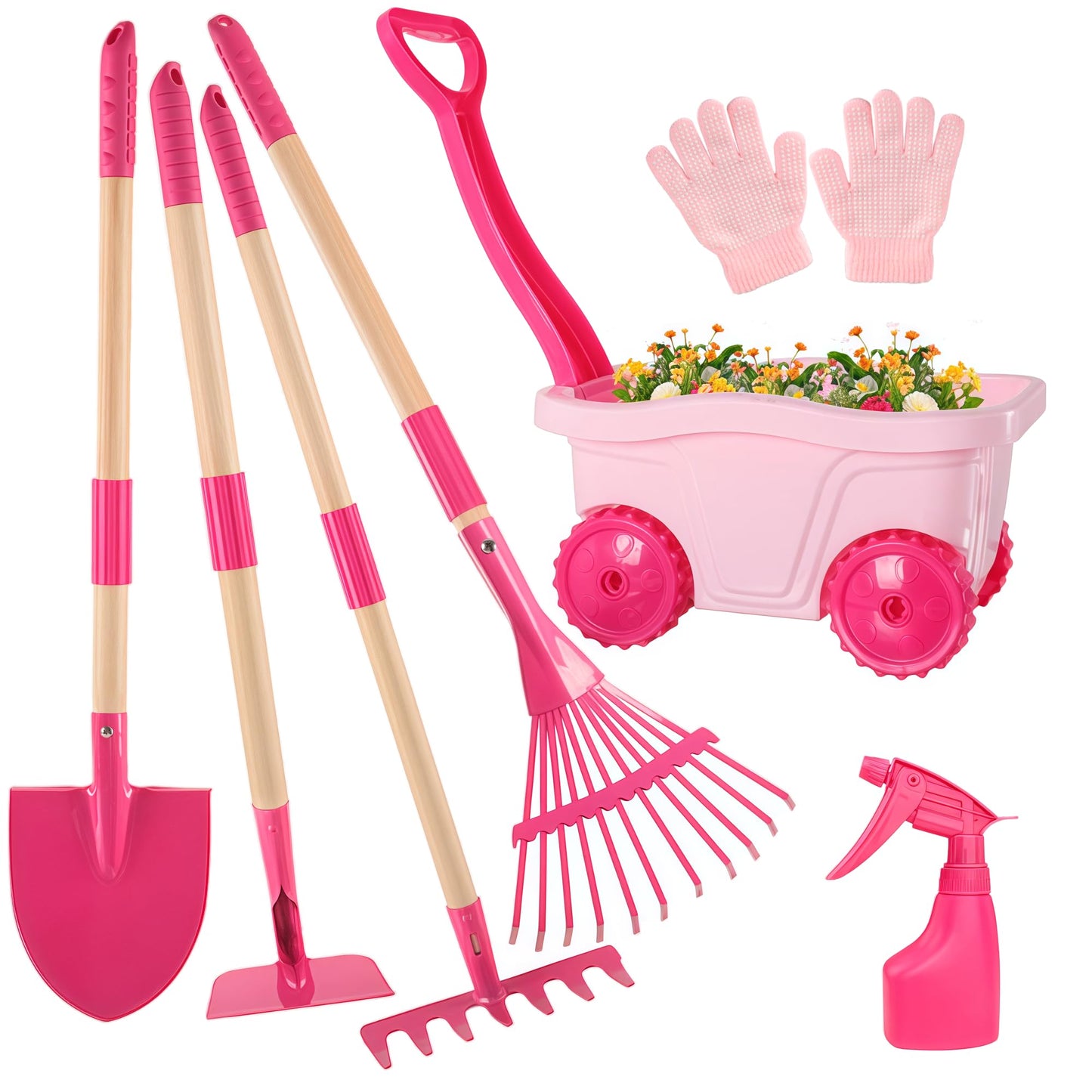 Kids Gardening Tools Outdoor Toys Set - Wheelbarrow Backyard Play Set for Kids with Shovel, Rake, Leaf Rake, Summer Yard Digging Weed Toys, Easter Birthday Gifts for Boys Girls Age 2 3+ Years Old