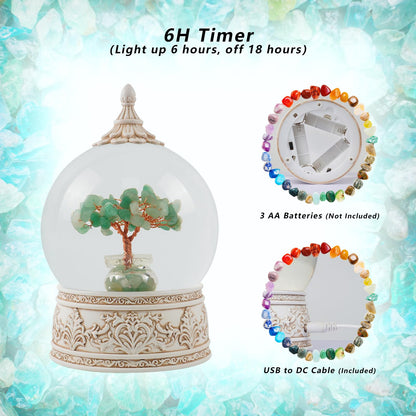 Green Aventurine Healing Crystal Tree Globe Colorful Lights and Glitter, Natural Gemstone Base, Spiritual Meditation, Positive Energy Good Luck, Home Decor, Birthday Gifts (Green Aventurine)