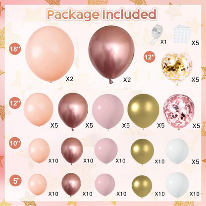 Rose Gold Balloon Garland Kit, Nude Pastel Pink Metallic Gold Matte White Balloons Gold and Rose Gold Confetti Balloons for Valentines Day Wedding Bridal Shower Party Girl Birthday Decorations