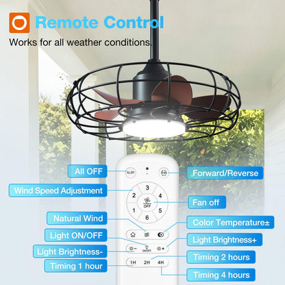 addlon 20 Inch Outdoor Ceiling Fan with Light for Patio, IP65 Waterproof Plug in Caged Hanging Fan, Remote Control, 3 CCT, 6 Speeds Reversible Outdoor Fan for Gazebo, Pergola, Porch