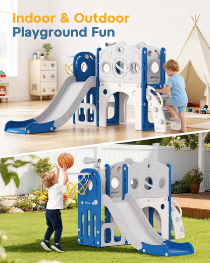 Babytronic Toddler Slide, 8 in 1 Kids Slide with Basketball Hoop, Telescope and Climber, Baby Slide Toddler Playground, Indoor Outdoor Playset for Toddlers Age 1-3, Kids Indoor Playground (Blue&Gray)