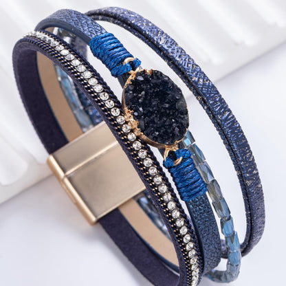 FANCY SHINY Boho Leather Wrap Bracelet Stackable Chunky Crystal Cuff Bracelets with Magnetic Clasp Cowboy Cowgirl Western Summer Beach Outfits Jewelry Gifts for Women (7.7", Navy Blue)