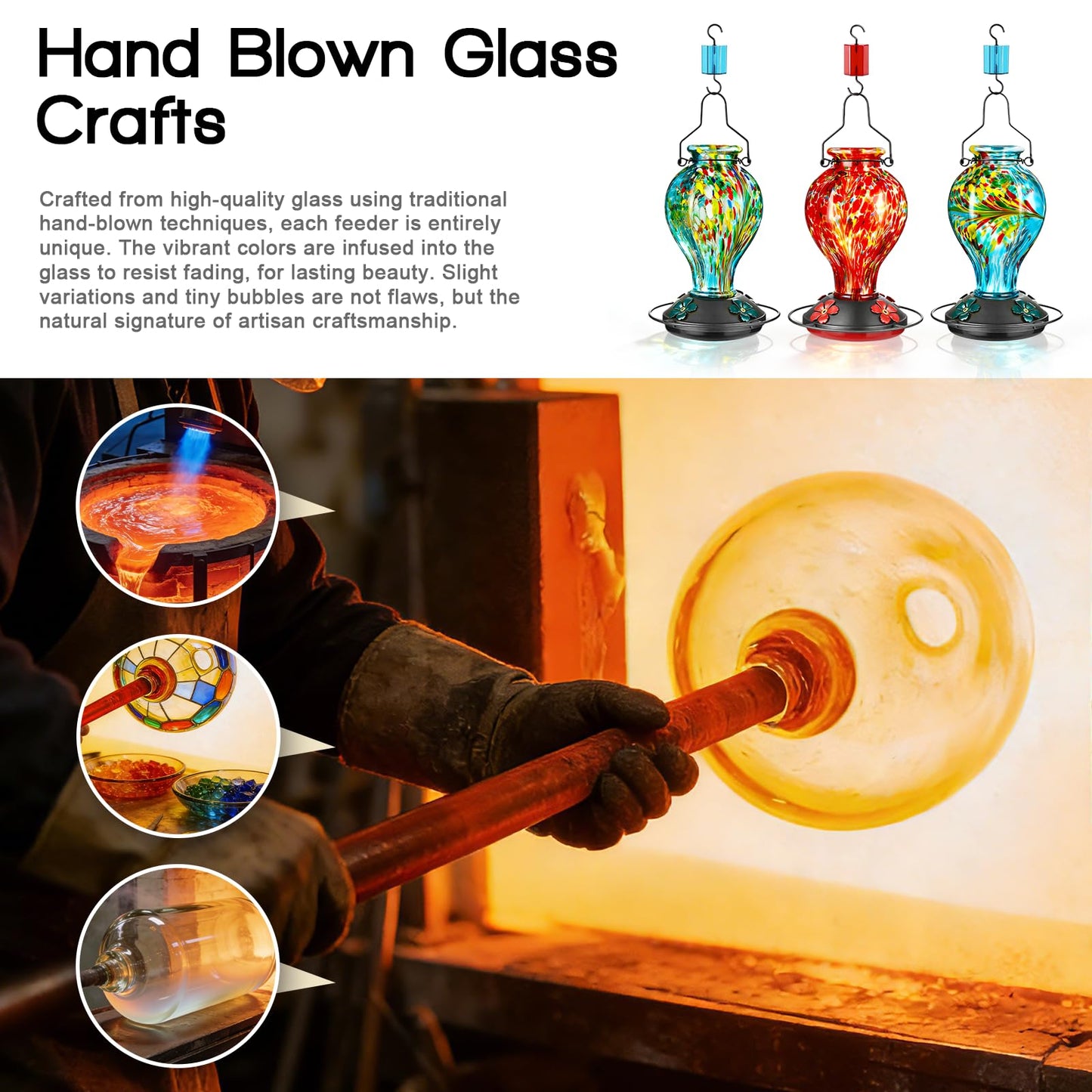 Tegarbed Hand Blown Glass Hummingbird Feeders for Outdoors Hanging, 24oz Wild Bird Nectar Feeder with Ant Moat and Perch, Bee-Resistant Ports, Garden Decor, Gifts for Women Mom, 1 Pack, Blue Phoenix