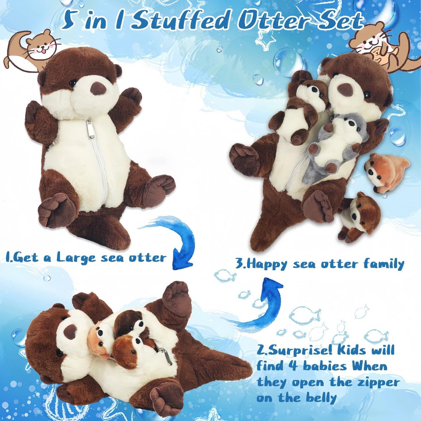 5 Pcs Sea Otter Stuffed Animal Plush Otter Set Large Mommy Stuffed Otter Plush Toy with 4 Babies in Zipper Pouch, Soft Cuddly Otter Plushies Pillow for Kids Boys Girls Birthday Christmas Plush Gifts