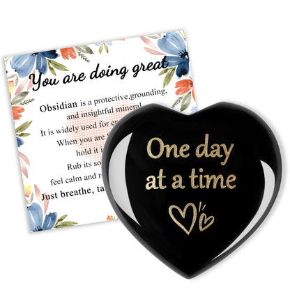 QINJIEJIE Black Obsidian One Day at A Time Heart Worry Stones Healing Crystal Thinking of You Gifts for Anxiety Relief Items You Got This Inspirational for Friend Encouragement Gift for Women Men