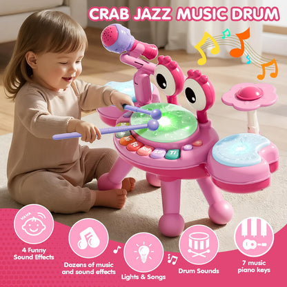 Toddler Drum Set for Kids 1-3, Baby Drum Set 1 Year Old with Light-Up Microphone, Musical Instruments Montessori Learning Toys for 6 9 12 18 Months, Birthday Gift for Boys Girls（Pink）