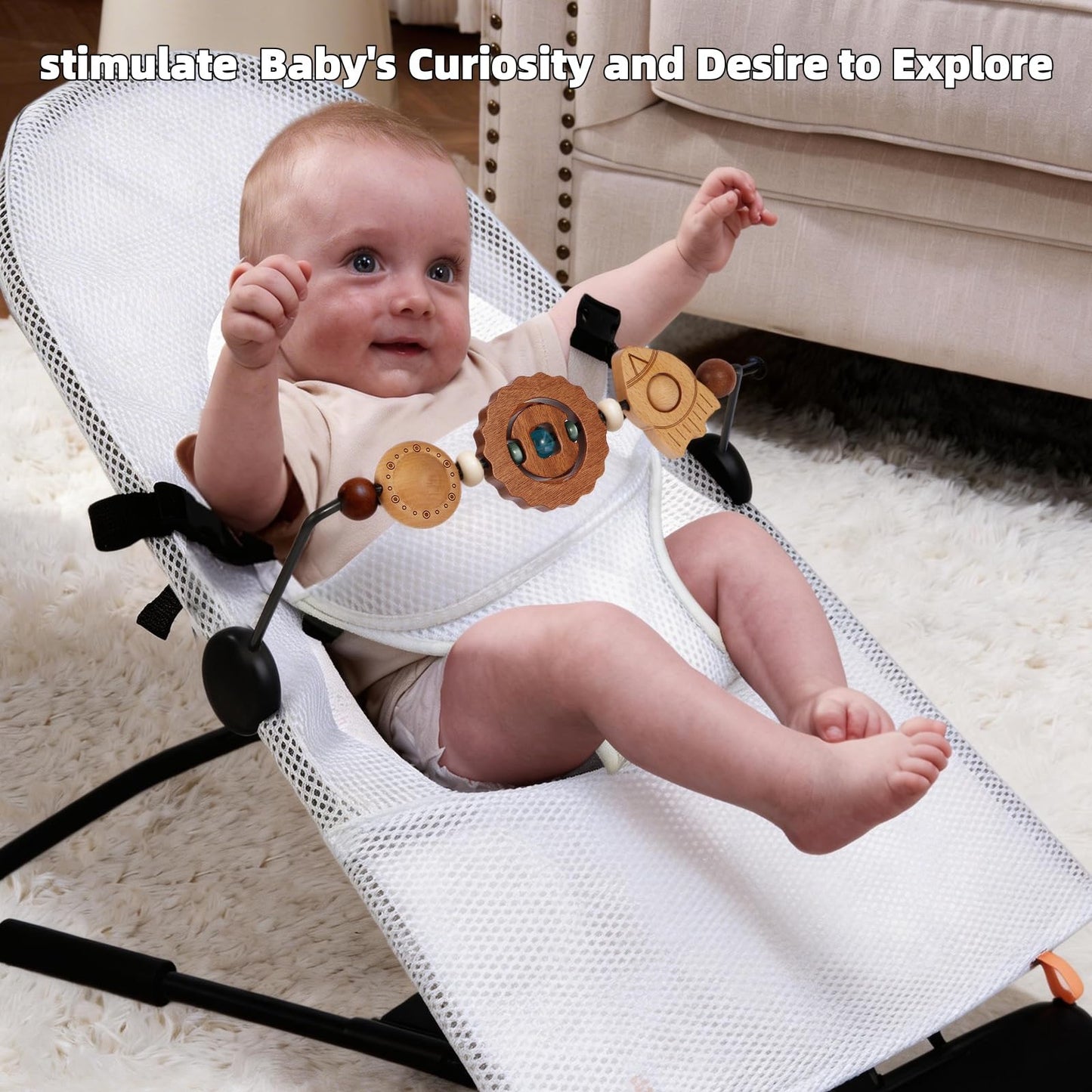 WYFWFDF Baby Bouncer Toy Bar Compatible with Baby Bjorn Bouncer， with Wooden Toys in Flying Saucer, Spaceship, and Planet Shapes to Stimulate Baby's Curiosity and Desire to Explore